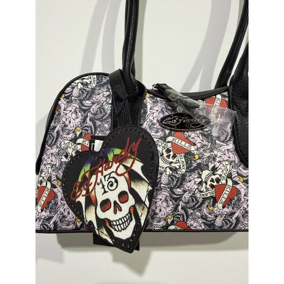NEW Ed Hardy Tattoo Skull & Dagger Shoulder Bag – Black/Pink Print Halloween - Picture 6 of 6
